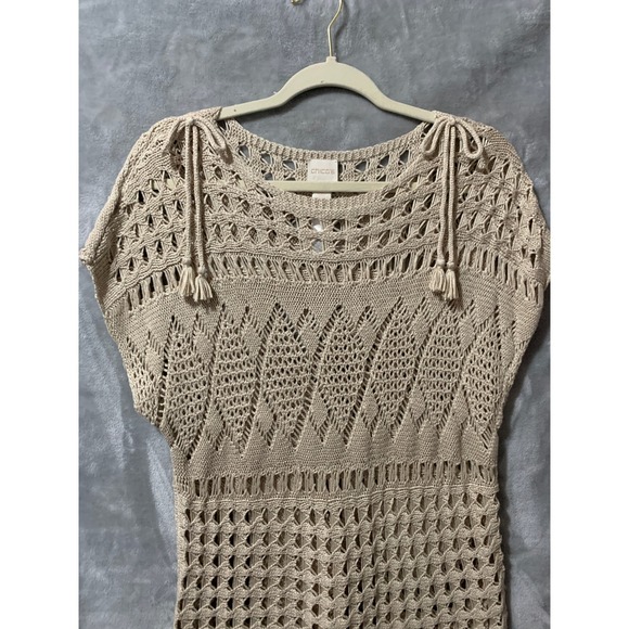 Chicos Tan Crochet Open Knit Layering Tunic Top Sweater Medium Cottagecore Boho - Picture 4 of 14